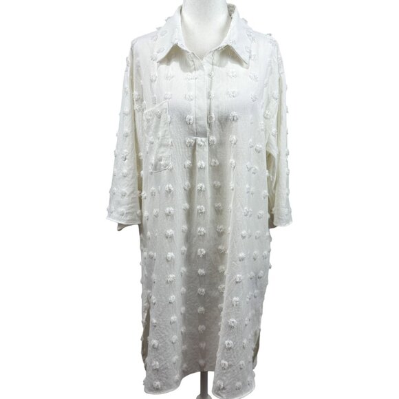 Womens Size XL White Textured Swiss Dot Longline Button-Up Shirt Dress longback - Picture 2 of 10